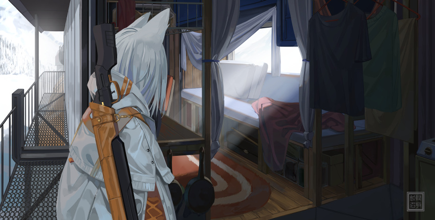 1girl absurdres animal_ears bed blanket commentary_request curtains day facing_away frying_pan grey_hair gun gun_on_back highres hood hood_down hooded_jacket jacket natori_youkai original railing rug shirt_removed snow solo weapon weapon_on_back weapon_request white_jacket window wooden_floor