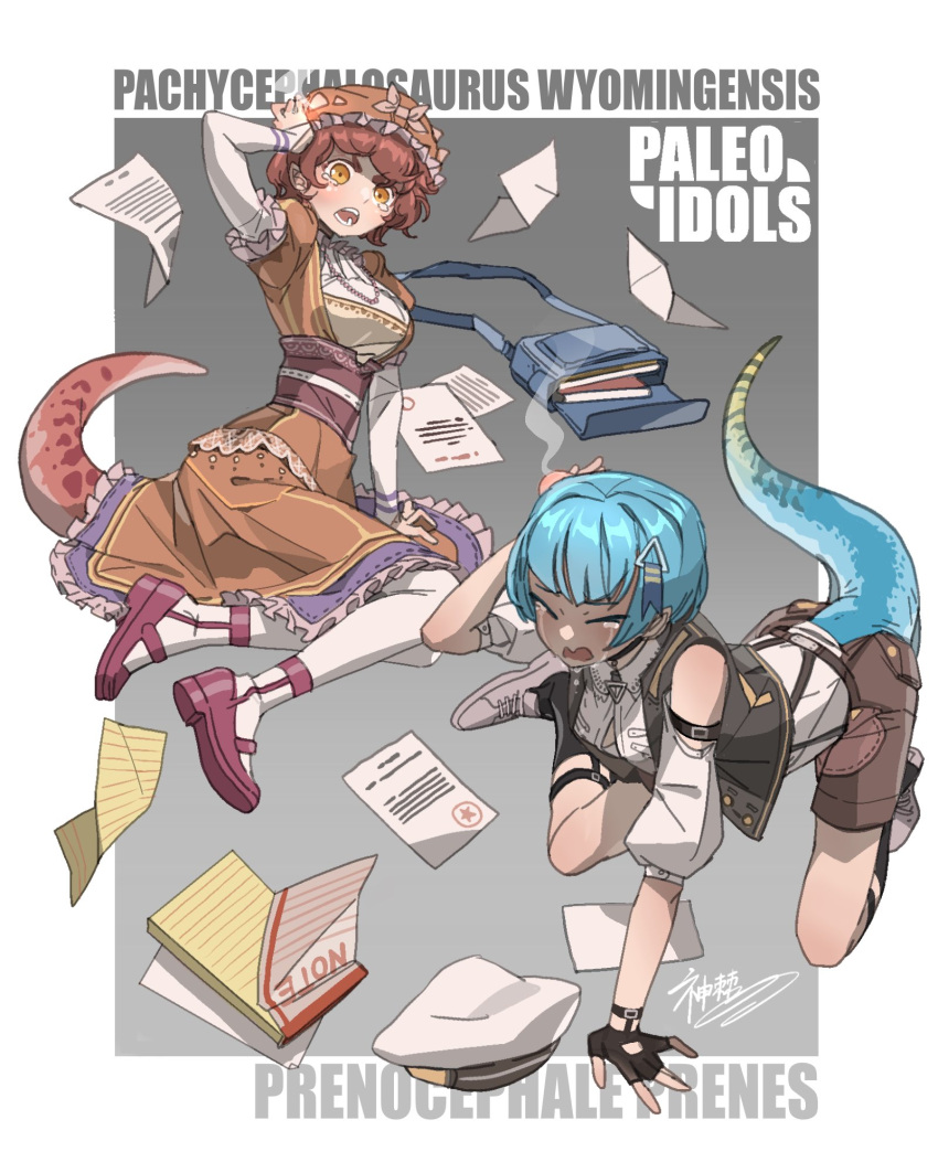 2girls arm_up artist_name bag black_gloves black_socks blue_bag blue_hair blue_tail brown_shorts closed_eyes corset dinosaur_girl dinosaur_tail dress english_commentary fingerless_gloves frilled_dress frilled_headwear frilled_sleeves frills full_body gloves gradient_background grey_background hand_on_own_head head_bump highres juliet_sleeves lizard_tail long_sleeves looking_at_viewer multiple_girls open_mouth orange_dress orange_eyes orange_headwear original pantyhose paper personification pink_footwear puffy_sleeves red_hair red_tail satchel short_hair shorts signature simple_background sitting socks tail tears theamazingspino white_pantyhose