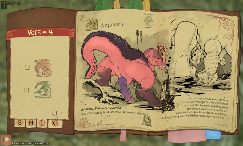 2023 anal anal_penetration animal_genitalia anjanath anthro anthro_on_feral anthro_penetrated anus balls bestiality bodily_fluids book brute_wyvern butt capcom claws digitigrade drooling duo english_text erection felid felyne feral feral_penetrating feral_penetrating_anthro finger_claws genital_slit genitals hi_res knot looking_back looking_pleasured lynian male male/male male_penetrated male_penetrating male_penetrating_male mammal monster_hunter palico penetration penis presenting presenting_anus presenting_hindquarters presenting_penis red_body ridiculous_fit saliva semi-anthro sex shaded sharp_teeth size_difference slit smaller_penetrated teeth tenaflux text toe_claws tongue tongue_out watermark yellow_eyes