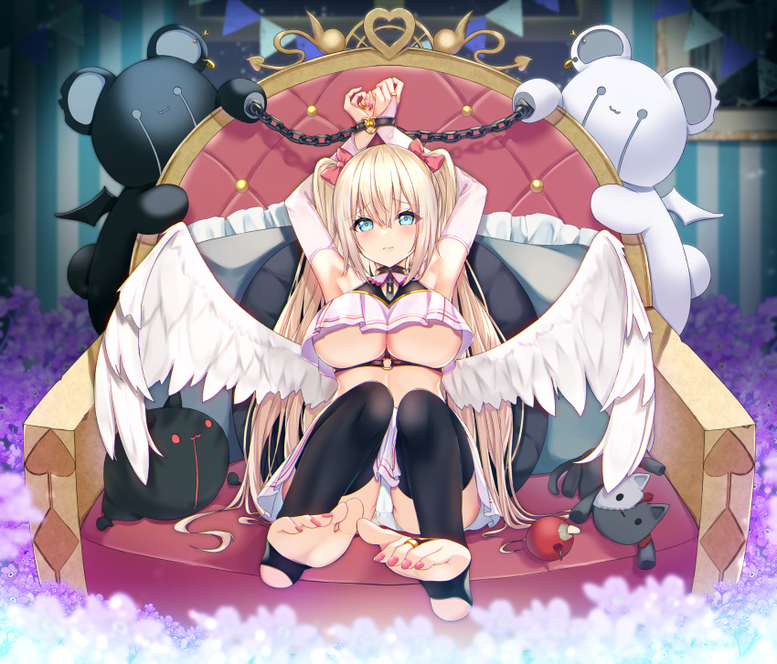 1girl absurdres angel angel_wings aonu_koru bdsm black_thighhighs blonde_hair blue_eyes blush bound bound_wrists breasts bridal_gauntlets chain closed_mouth commentary_request feet frown full_body highres huge_breasts looking_at_viewer midriff miniskirt nail_polish on_chair original oversized_object panties sitting skirt soles stirrup_legwear stuffed_animal stuffed_toy teddy_bear thighhighs toeless_legwear twintails underboob underwear wings