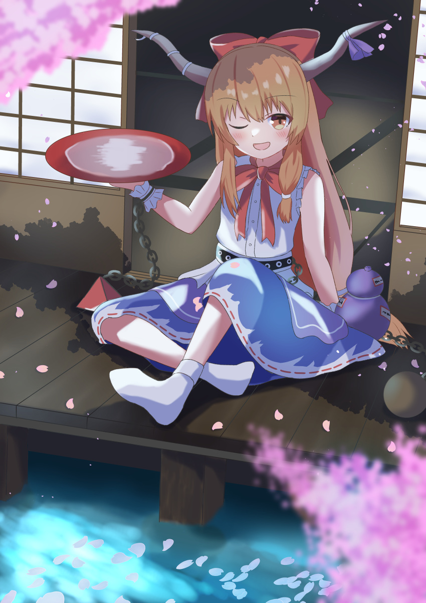 1girl :d absurdres alcohol bangs belt blue_skirt blush bow bowtie brown_eyes buttons chain cherry_blossoms commentary_request cup flat_chest full_body gourd hair_between_eyes hair_bow high_meron highres holding holding_cup horn_ornament horn_ribbon horns ibuki_suika light_brown_hair long_hair looking_at_viewer no_shoes one_eye_closed open_mouth orb porch purple_ribbon pyramid_(structure) red_bow red_bowtie ribbon ribbon-trimmed_skirt ribbon_trim sakazuki sake shirt shouji sidelocks sitting skirt sleeveless sleeveless_shirt sliding_doors smile socks solo tatami touhou very_long_hair white_shirt white_socks wrist_cuffs