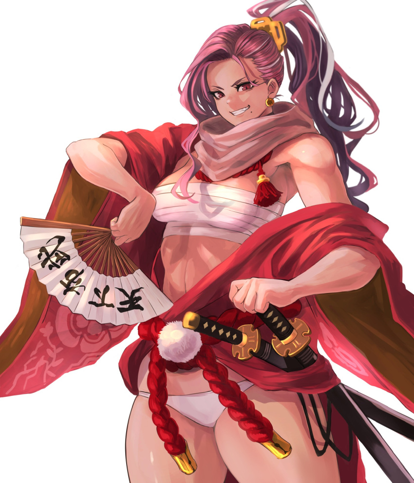 1girl 6maker earrings genderswap hand_fan highres holding holding_fan japanese_clothes jewelry muscular muscular_female oda_nobunaga original panties pink_eyes pink_hair ponytail smile solo sword underwear weapon white_background white_panties