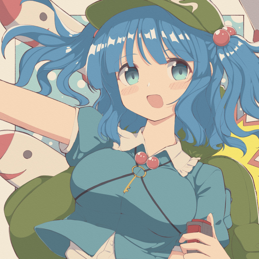 1girl absurdres backpack bag bangs blue_eyes blue_hair commentary_request flat_cap gbcolor_(naza) green_headwear hair_bobbles hair_ornament hat highres kawashiro_nitori key looking_at_viewer mimi-chan missile short_sleeves solo touhou traditional_media two_side_up upper_body