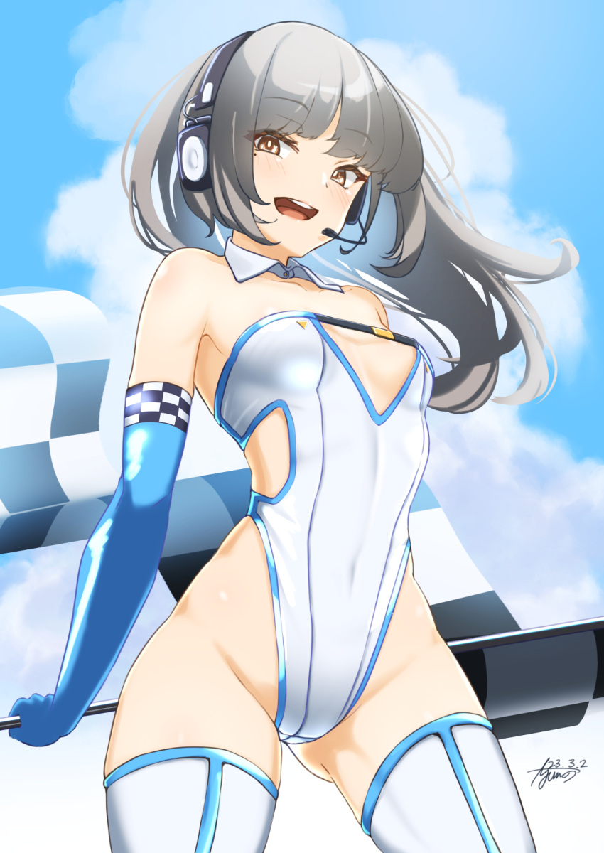 1girl alternate_costume ayuman blue_gloves breasts brown_eyes checkered_flag cowboy_shot elbow_gloves flag gloves grey_hair hayashio_(kancolle) highleg highleg_leotard highres holding holding_flag kantai_collection leotard long_hair mole mole_under_eye race_queen small_breasts solo standing strapless strapless_leotard thighhighs white_leotard white_thighhighs