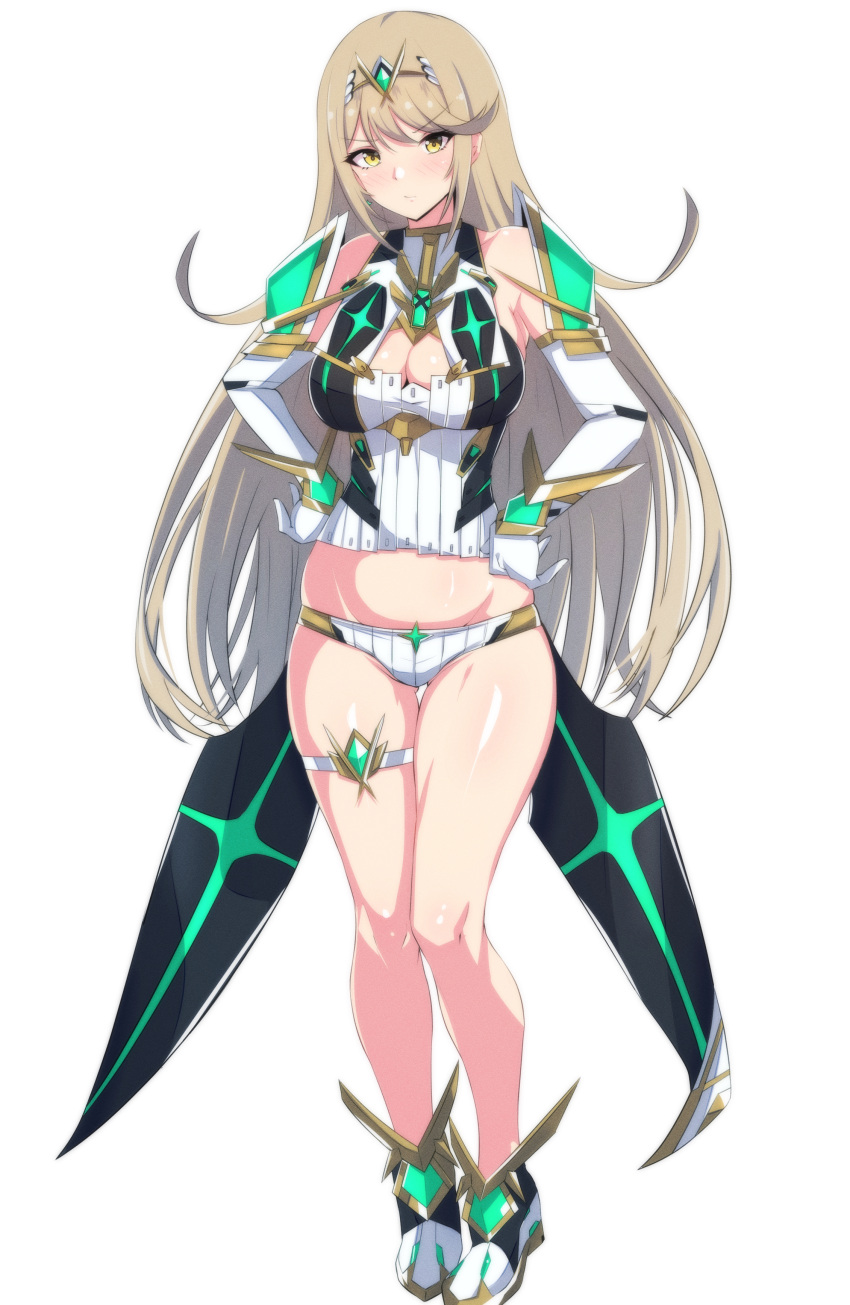 1girl absurdres armor bangs blonde_hair blush breasts chest_jewel cleavage cleavage_cutout closed_mouth clothing_cutout commentary_request crop_top dress elbow_gloves full_body gloves hands_on_hips highres large_breasts latte long_hair looking_at_viewer midriff mythra_(xenoblade) shiny_skin shoulder_armor solo swept_bangs thigh_strap tiara very_long_hair white_background white_dress white_footwear white_gloves xenoblade_chronicles_(series) xenoblade_chronicles_2 yellow_eyes