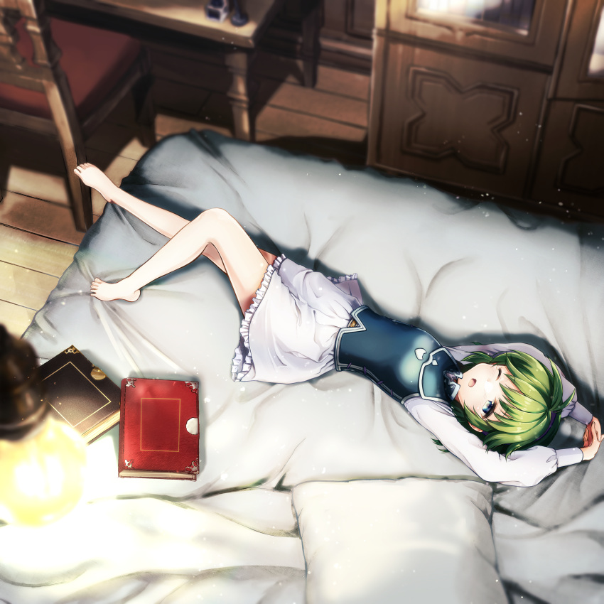 1girl absurdres arms_up barefoot bed bed_sheet bedroom blue_eyes blurry book chair closet depth_of_field dress fire_emblem fire_emblem:_the_blazing_blade green_hair highres indoors legs long_sleeves lying nino_(fire_emblem) on_back on_bed one_eye_closed pillow short_hair solo stretching toes watarino white_dress