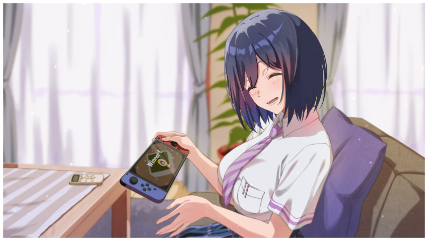 1girl absurdres blue_hair blush breast_pocket breasts closed_eyes collared_shirt controller couch diagonal-striped_necktie hair_between_eyes highres holding indoors large_breasts mole mole_under_eye nijisanji nintendo_switch on_couch pocket remote_control sanzoku school_uniform shirt shizuka_rin short_hair sitting smile table virtual_youtuber white_shirt