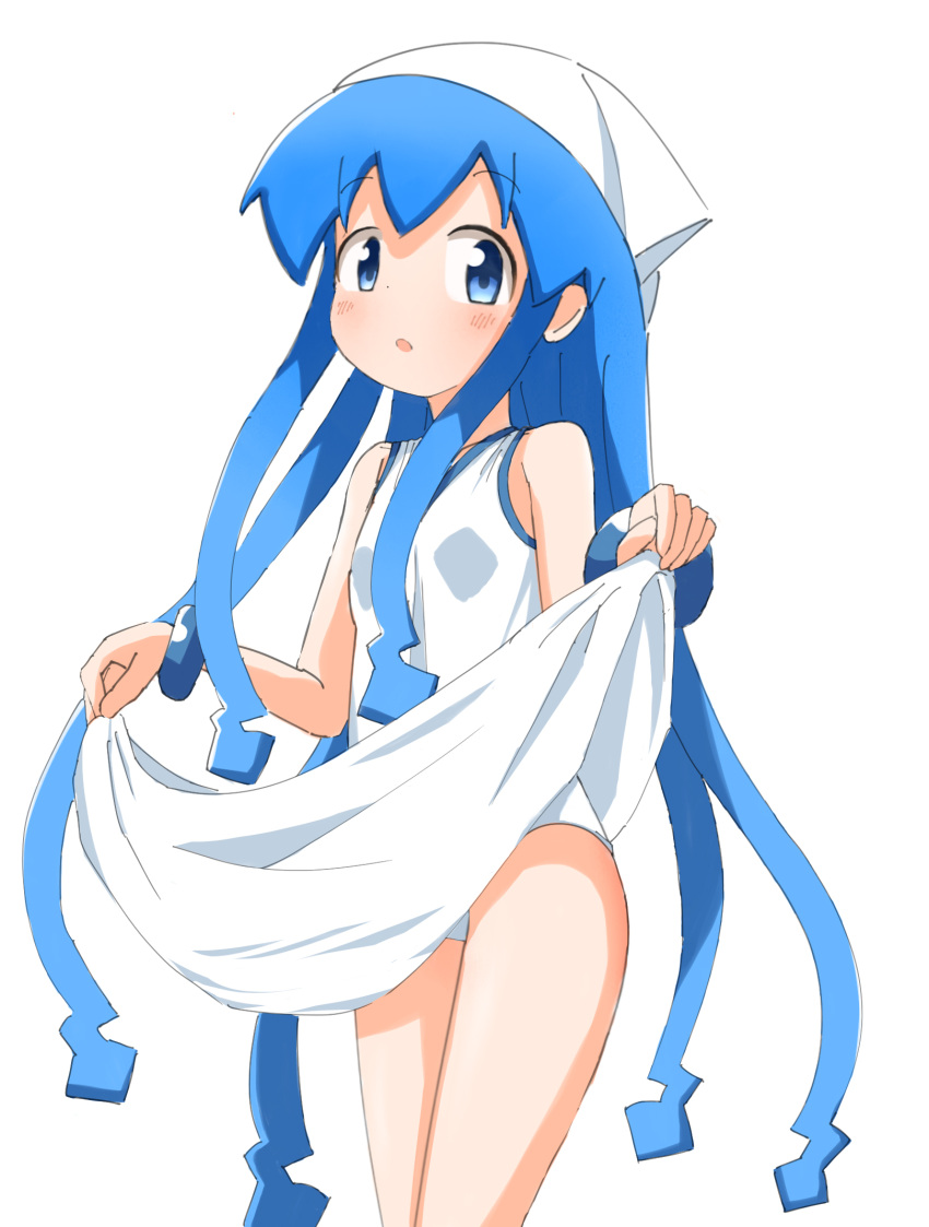 1girl bare_legs blue_bracelet blue_eyes blush breasts clothes_lift dress hat highres ikamusume legs long_hair looking_at_viewer msb_115mc open_mouth prehensile_hair shinryaku!_ikamusume simple_background small_breasts solo squid_hat standing tentacle_hair tentacles white_background