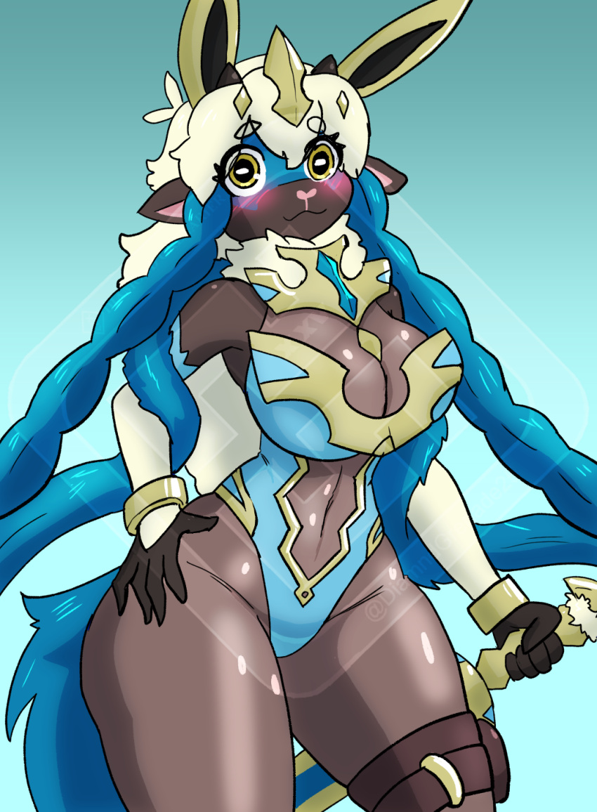 anthro blue_hair blue_tail blush brown_body bunny_costume clothed clothing costume crowned_sword_zacian diamond_grenadier female fusion generation_8_pokemon gold_(metal) gold_bracelets gold_jewelry hair hi_res jewelry legendary_pokemon melee_weapon nintendo pokemon pokemon_(species) pokemon_fusion pouch_(clothing) solo sword tail thigh_belt weapon white_hair wooloo yellow_eyes zacian zenia_the_wooloo_zacian