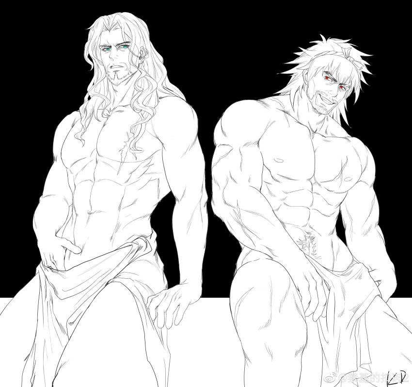 2boys abs absurdres alternate_muscle_size anjingkuxiao bara beard come_hither covering cross_scar facial_hair fate/apocrypha fate/extra fate/grand_order fate_(series) greyscale highres large_pectorals long_hair looking_at_viewer male_focus mature_male monochrome multiple_boys muscular muscular_male navel_hair nipples nude_cover pectorals scar scar_on_arm scar_on_chest scar_on_leg seductive_smile short_hair sideburns smile spot_color stomach thick_thighs thighs topless_male vlad_iii_(fate/apocrypha) vlad_iii_(fate/extra)