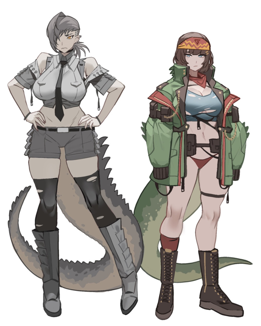 2girls asymmetrical_legwear bandana bikini bikini_bottom_only blue_eyes boots breasts brown_footwear brown_hair cleavage crop_top dinosaur_girl dinosaur_tail english_commentary full_body green_jacket green_tail grey_footwear grey_shirt grey_shorts grey_tail hands_on_hips high_collar highres jacket large_breasts lizard_tail long_sleeves looking_at_viewer mismatched_legwear multiple_girls original personification red_bandana shirt short_hair short_shorts shorts simple_background sleeveless standing swimsuit tail theamazingspino thighhighs torn_clothes torn_thighhighs white_background