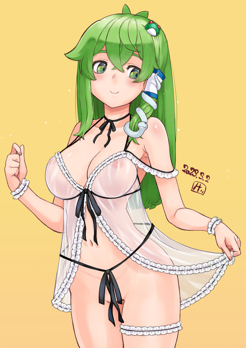 1girl alternate_costume antenna_hair babydoll bangs black_ribbon blush breasts bridal_garter cleavage closed_mouth commentary_request convenient_censoring covered_nipples cowboy_shot crossed_bangs dated frog_hair_ornament green_eyes green_hair hair_between_eyes hair_ornament highres kei_jiei kochiya_sanae large_breasts long_hair looking_to_the_side navel nipples partially_visible_vulva ribbon see-through sidelocks simple_background single_hair_tube smile snake_hair_ornament solo touhou white_babydoll wrist_cuffs yellow_background