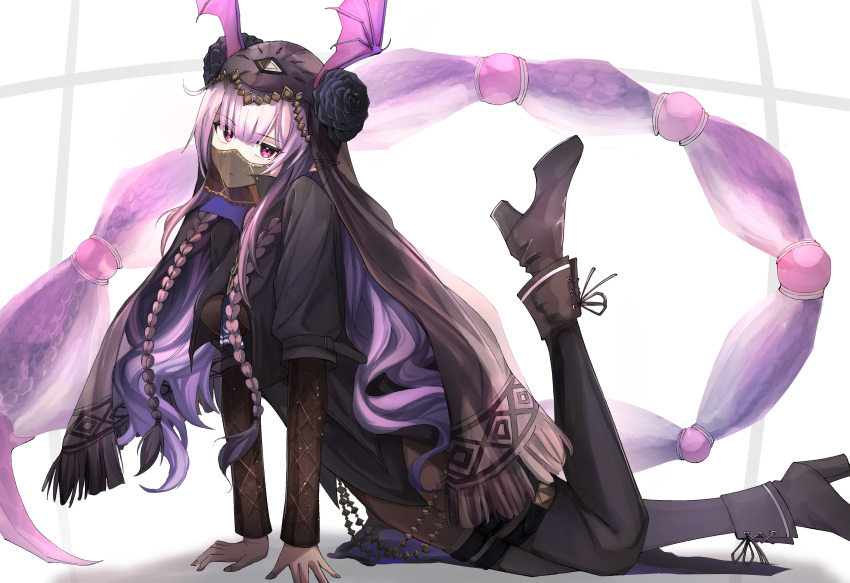 1girl absurdres arknights arm_support black_dress black_footwear boots braid commentary dress head_wings high_heel_boots high_heels highres kiyakyuu leg_up long_hair long_sleeves looking_at_viewer manticore_(arknights) manticore_(under_a_veil)_(arknights) mouth_veil official_alternate_costume purple_eyes purple_hair scorpion_tail solo tail twin_braids veil very_long_hair