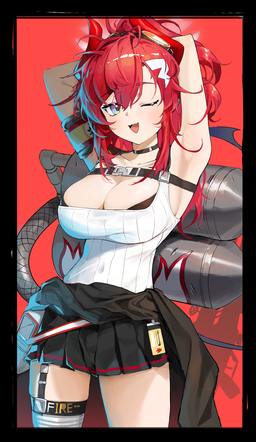 1girl absurdres armpits arms_behind_head arms_up bangs black_jacket blue_archive blue_eyes breasts choker cleavage clothes_around_waist cowboy_shot demon_horns demon_tail framed_breasts garter_straps gas_tank goggles goggles_on_head halo highres horns jacket jacket_around_waist large_breasts megu_(blue_archive) miniskirt multicolored_clothes multicolored_jacket myomu open_mouth pleated_skirt pointy_ears ponytail red_background red_hair red_horns ribbed_tank_top shirt sidelocks single_thighhigh skirt sleeveless sleeveless_shirt smile standing swept_bangs tail thighhighs two-tone_jacket