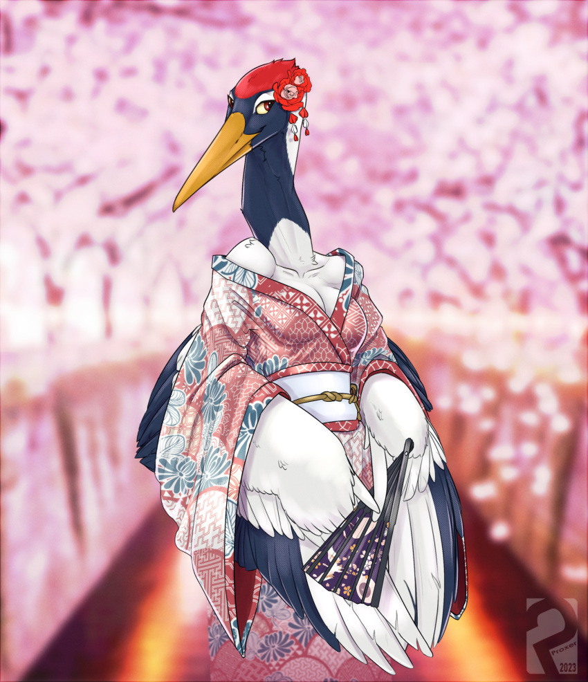 anthro asian_clothing avian beak bird breasts cherry_blossom cherry_tree clothed clothing crane_(bird) east_asian_clothing fan_(disambiguation) feathered_wings feathers female flower_on_head fruit_tree fully_clothed gruiform hi_res japanese_clothing long_neck outside plant proxer solo tree white_body white_feathers winged_arms wings yuriko_(aidagull)