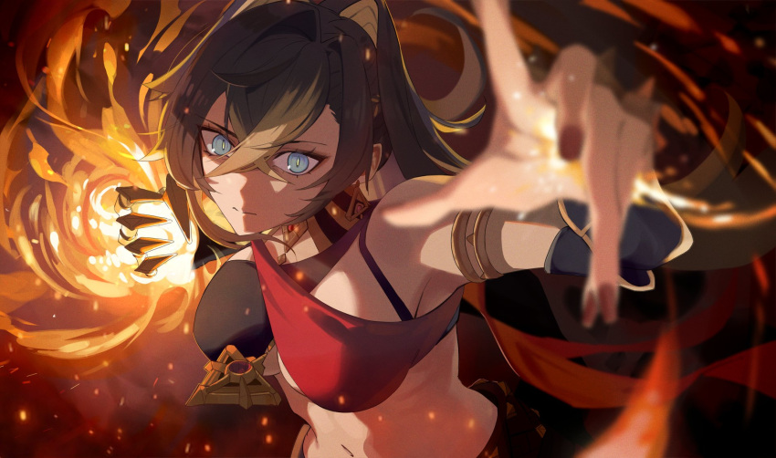 1girl animal_ears armlet armpit_peek asymmetrical_clothes black_hair blue_eyes breasts criss-cross_halter dark-skinned_female dark_skin dehya_(genshin_impact) earrings flaming_hand foreshortening genshin_impact gold_choker halterneck highres jewelry lempika medium_breasts multicolored_hair navel red_nails solo stomach streaked_hair