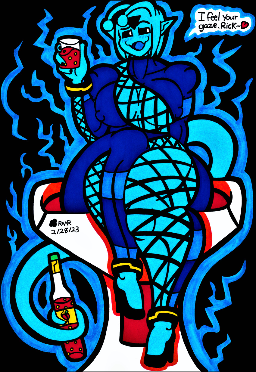 2023 4_fingers absurd_res alcohol alien alien_humanoid anklet antennae_(anatomy) anthro armwear athletic athletic_female azali_starline_(character) beverage big_breasts black_background black_sclera blue_body blue_skin blue_tongue blush bodysuit bracelet breasts chair cleavage cleavage_cutout clothed clothing container cup curvy_figure elbow_gloves electricity fangs female fingers fishnet footwear forehead_tattoo furniture gloves hair handwear hi_res high_heels humanoid humanoid_pointy_ears jewelry long_tail meme meme_clothing open_mouth prehensile_tail pseudo_hair science_fiction short_hair short_stack simple_background sitting skimpy skimpy_armor skinsuit small_waist smile solo solo_focus speech_bubble string_jumpsuit tail tattoo teeth tentacle_hair tentacles thegrumpiestpanda_(artist) thick_thighs tight_clothing tongue traditional_media_(artwork) voluptuous voluptuous_female white_eyes wide_hips