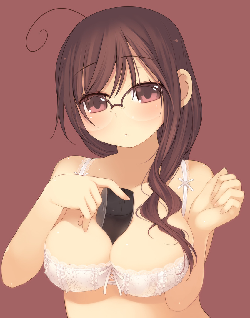 ahoge arima_senne between_breasts bow bow_bra bra breasts brown_hair glasses highres kashiwamochi_yomogi large_breasts lingerie mole mole_on_breast mouse_(computer) non-web_source original red_eyes ribbon solo underwear