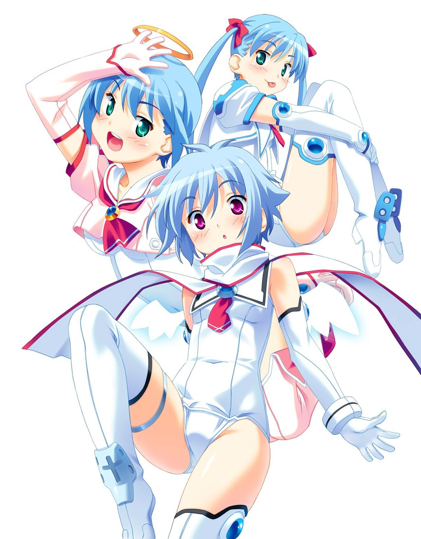 :d :o :p androgynous angel arm_up blue_hair blush boots breasts brooch crop_top djibril_(makai_tenshi_djibril) djibril_aries djibril_zero elbow_gloves embarrassed flat_chest gloves glowing green_eyes hair_ribbon halo highres jewelry jinno_hikari jinno_nagi kuuchuu_yousai leg_hug leg_up long_hair magical_girl makai_tenshi_djibril makai_tenshi_djibril_3 manabe_rika medium_breasts multiple_girls necktie one-piece_swimsuit open_mouth purple_eyes ribbon scarf school_swimsuit school_uniform serafuku short_hair simple_background small_breasts smile surprised swimsuit swimsuit_costume swimsuit_under_clothes thigh_boots thigh_strap thighhighs thighs tongue tongue_out twintails very_long_hair white_legwear white_school_swimsuit white_swimsuit wings