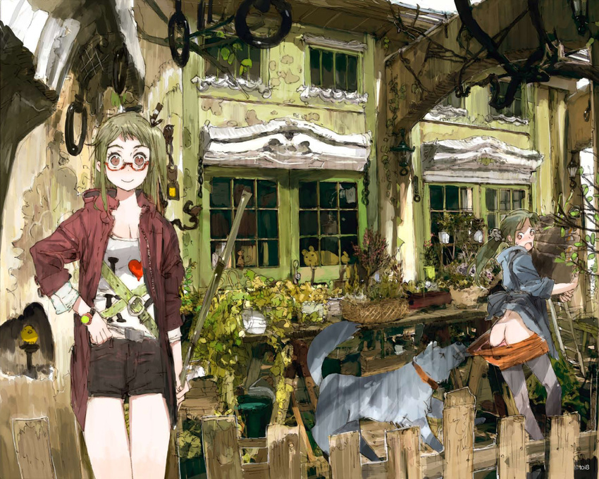 ass copyright_request dog garden glasses green_hair multiple_girls pulled_by_another shorts shorts_pull toi8 wallpaper