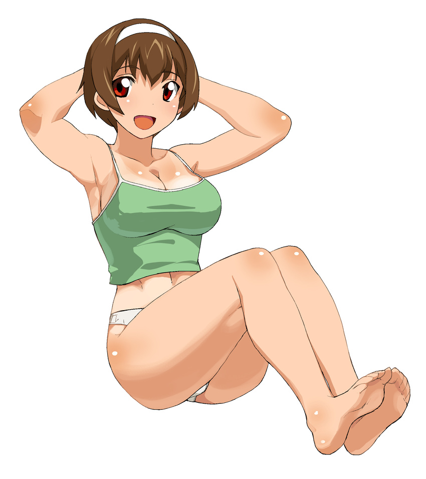 a1 armpits arms_behind_head barefoot breasts brown_hair camisole dorsiflexion exercise feet full_body hairband highres hinako_(issho_ni_training) issho_ni_training large_breasts legs muscle no_pants one-piece_tan open_mouth panties red_eyes short_hair simple_background sit-up sitting smile soles solo tan tanline toes underwear white_background white_panties