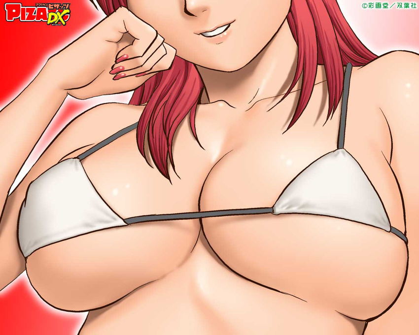 action_pizazz bikini_top breasts cleavage close-up head_out_of_frame large_breasts red_hair saigadou solo wallpaper