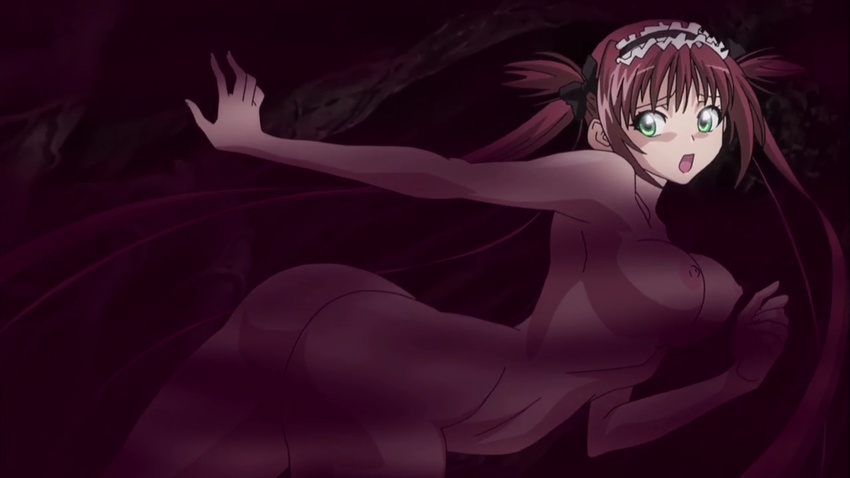 airi_(queen's_blade) breasts cave green_eyes headband huge_breasts large_breasts long_hair maid_headdress nude queen's_blade red_hair screencap smoke solo twintails