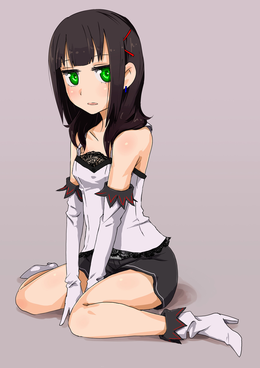 absurdres bad_id bad_pixiv_id black_hair elbow_gloves gloves green_eyes highres original shorts sitting solo tai0201 wariza