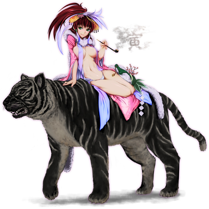 2010 arm_support breasts brown_hair highres kiseru long_hair medium_breasts navel new_year original pipe ponytail smile solo tiger un