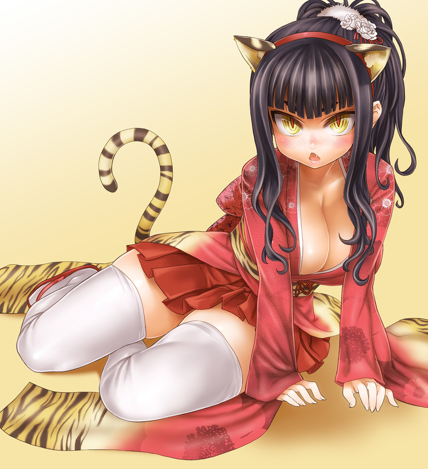2010 animal_ears animal_print arm_support asanagi black_hair blush breasts chinese_zodiac cleavage fang floral_print flower full_body furisode hair_flower hair_ornament hairband highres huge_breasts japanese_clothes kimono kimono_skirt long_sleeves new_year open_mouth original pleated_skirt ponytail sandals short_kimono sidelocks simple_background sitting skirt slit_pupils solo tail thighhighs tiger_ears tiger_print white_legwear year_of_the_tiger yellow_background yellow_eyes yokozuwari zettai_ryouiki