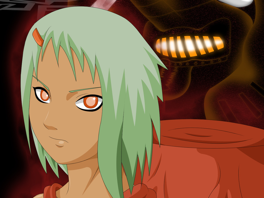 angry bangs close-up dark_skin eyeshadow face fu_(naruto) fuu_(naruto) green_hair hair_ornament hairclip looking_at_viewer makeup naruto naruto_shippuuden orange_eyes short_hair stiky_finkaz wallpaper