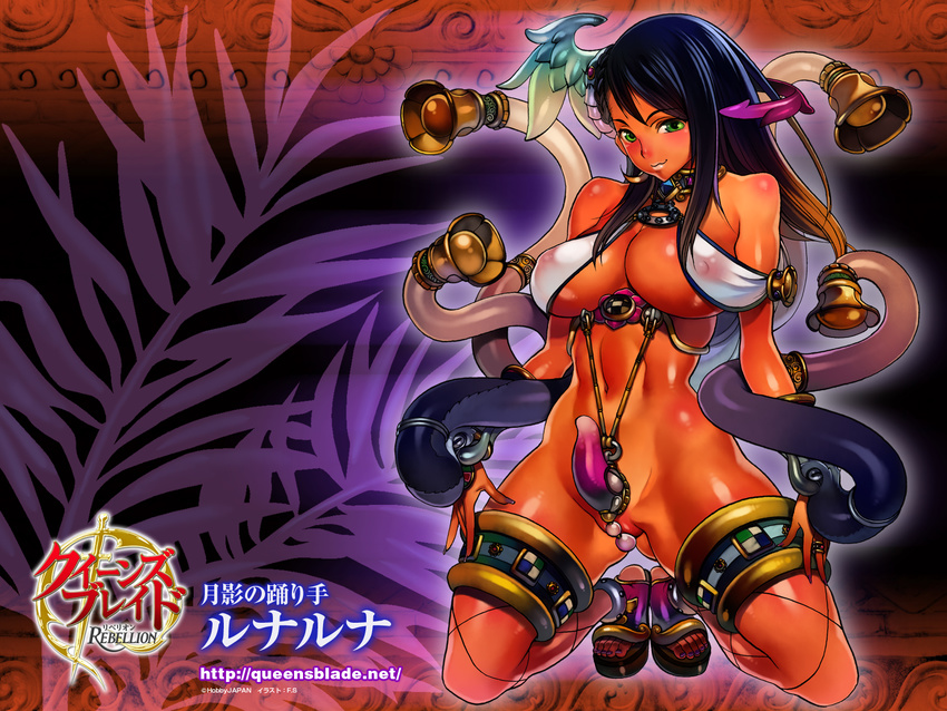 bare_shoulders black_hair bracelet breasts choker cleavage codpiece dark_skin f.s. fishnet_legwear fishnets gradient_hair green_eyes highres jewelry large_breasts lunaluna_(queen's_blade) midriff multicolored_hair navel nipples pearl_thong queen's_blade queen's_blade_rebellion revealing_clothes sandals smile solo thighhighs underboob wallpaper