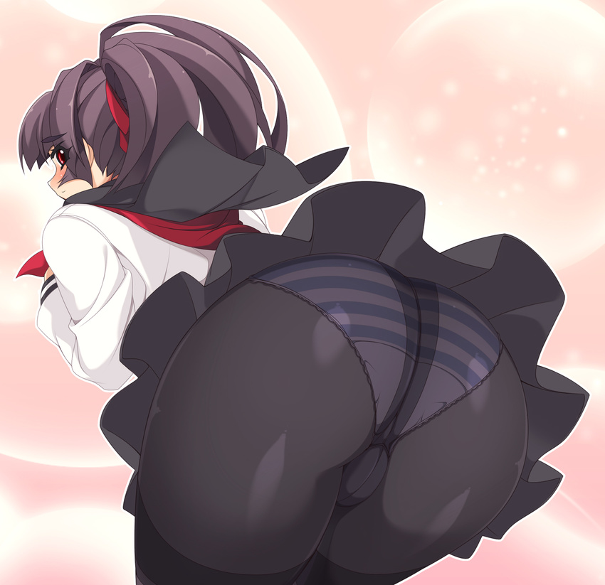 ass bent_over black_hair blush crotch_seam fat_mons highres long_hair looking_back mel/a original panties panties_under_pantyhose pantyhose ponytail saionji_mikoto school_uniform skirt solo striped striped_panties thighband_pantyhose underwear