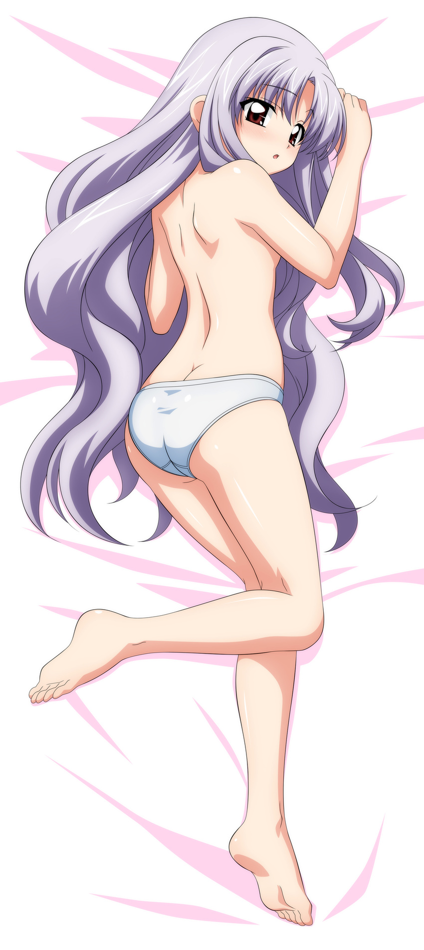 absurdres azmaria_hendric barefoot bed bed_sheet blush butt_crack chrno_crusade dakimakura feet highres long_hair long_image panties sheets sugimura_tomokazu tall_image topless underwear