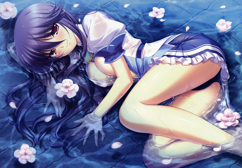 absurdres antenna_hair black_panties blue_hair breasts cameltoe cleavage elnestina_madry flower frills highres large_breasts legs long_hair lying mercuria mitsumomo_mamu no_bra on_side open_clothes open_shirt panties pantyshot partially_submerged petals pink_eyes seductive_smile shiny shiny_skin shirt smile solo sparkle underwear very_long_hair water wet wet_clothes