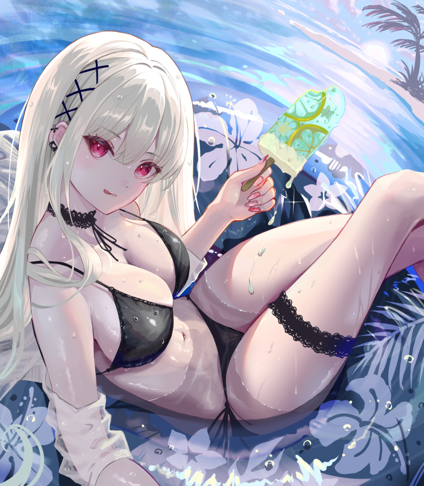 1girl :q bare_shoulders bikini black_bikini black_choker breasts choker cleavage crossed_legs earrings food hair_ornament highres holding holding_food ice_cream ito_lab jewelry lace-trimmed_choker lace_trim large_breasts long_hair looking_at_viewer navel original popsicle see-through sitting solo stomach string_bikini swimsuit thigh_strap thighs tongue tongue_out water wet white_hair x_hair_ornament