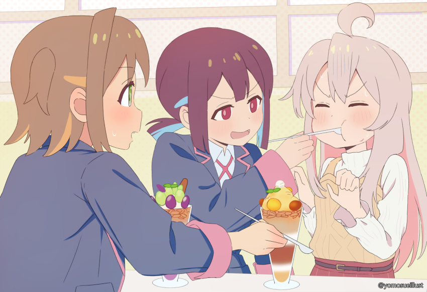 3girls :t ahoge bangs black_jacket blonde_hair blue_hair brown_hair closed_eyes commentary_request fang feeding green_eyes grey_hair highres holding holding_spoon hozuki_momiji indoors jacket light_blush long_hair long_sleeves multicolored_hair multiple_girls oka_asahi onii-chan_wa_oshimai! open_mouth oyama_mahiro parfait pink_hair red_eyes school_uniform short_hair short_ponytail spoon sue_(frederica--bernkastel) sweater twitter_username two-tone_hair two_side_up utensil_in_mouth white_sweater