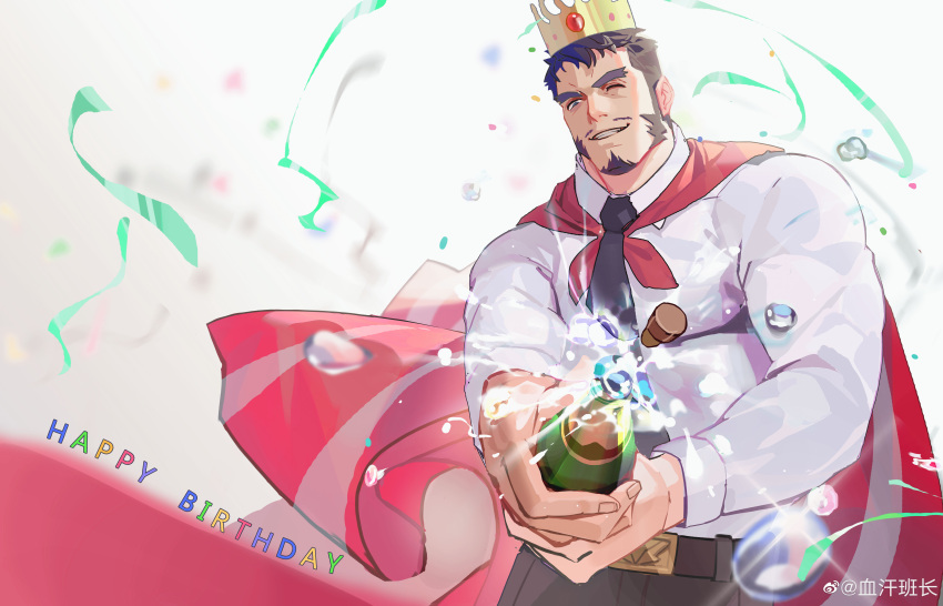 1boy absurdres bara borrowed_character bottle cape collared_shirt cowboy_shot crown facial_hair goatee happy_birthday highres holding holding_bottle large_hands large_pectorals long_sideburns male_focus muscular muscular_male my_eight necktie original pectorals red_cape salaryman shirt short_hair sideburns solo wine_bottle