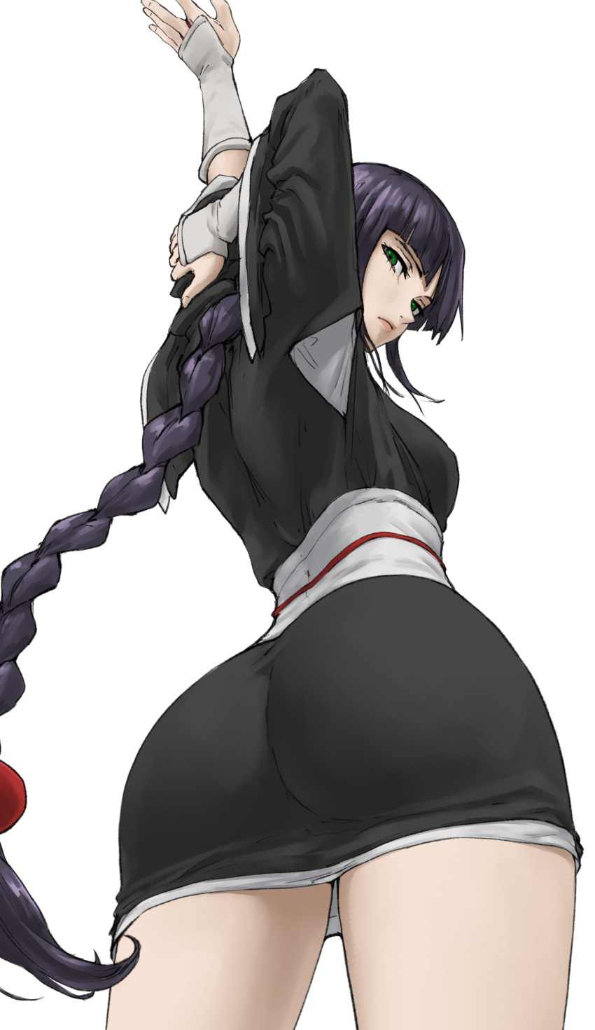 1girl absurdres ass bangs bleach braid green_eyes highres kurotsuchi_nemu long_hair looking_at_viewer ozkh purple_hair simple_background single_braid white_background