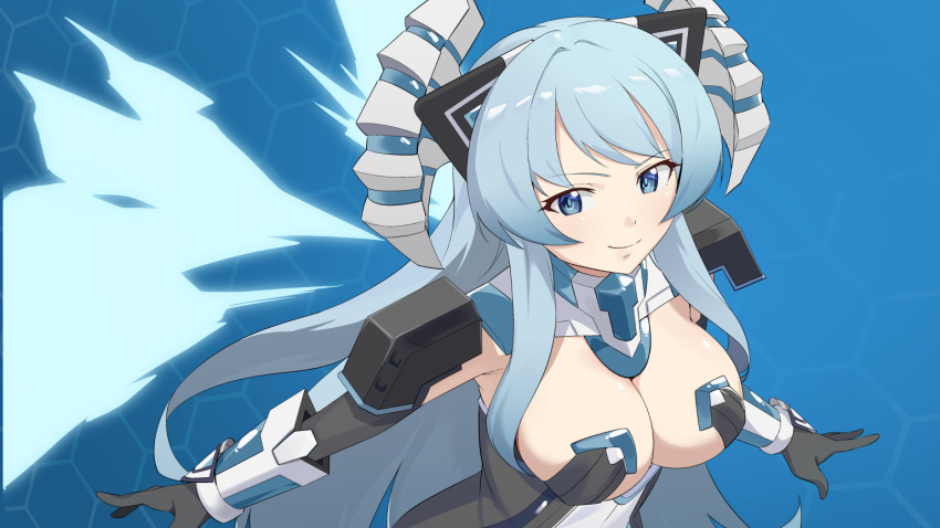 1girl armor blue_eyes blue_hair breasts cleavage commentary_request detached_collar elbow_gloves energy_wings from_above from_side gloves headgear horns kami_jigen_game_neptune_v kiseijou_rei_(goddess_form) large_breasts leotard long_hair looking_at_viewer makino_harumaki mechanical_gloves mechanical_horns neptune_(series) outstretched_arms power_symbol smile solo symbol-shaped_pupils upper_body very_long_hair