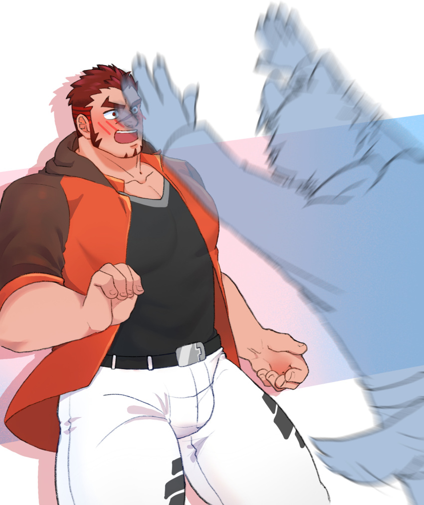 2boys akashi_(live_a_hero) bara blush bulge embarrassed facial_hair furry furry_male furry_with_non-furry goatee highres interspecies jumping large_pectorals live_a_hero long_sideburns male_focus male_protagonist_(live_a_hero) motion_blur multiple_boys muscular muscular_male pectorals red_eyes red_hair scar scar_on_face scar_on_nose short_hair sideburns speed_lines thick_eyebrows thick_thighs thighs yaoi yasuyo_(oaghoerg)