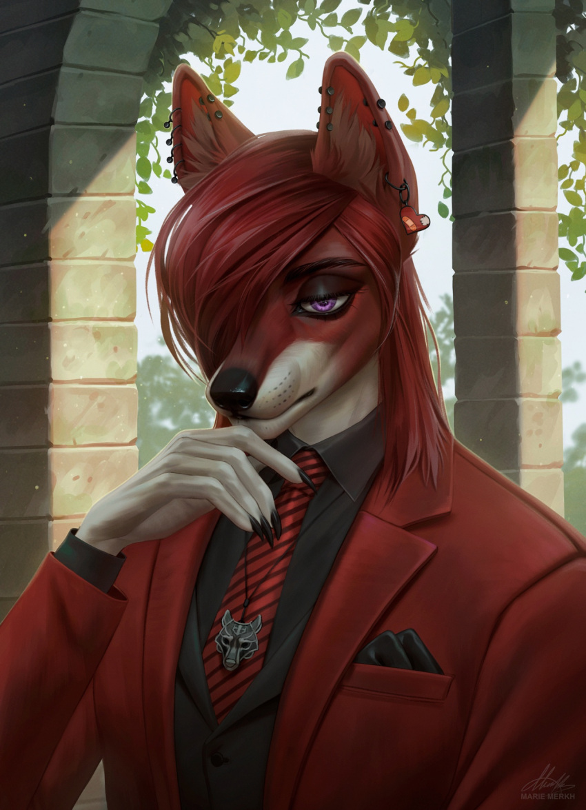 anthro artist_name barbell_piercing black_clothing black_nose black_topwear bust_portrait canid clothed clothing ear_piercing ear_ring eyelashes fur hair hi_res jewelry leaf male mammal marie_merkh mouth_closed narrowed_eyes necklace necktie piercing portrait purple_eyes red_body red_clothing red_fur red_hair red_necktie red_topwear ring_piercing signature solo topwear white_body white_fur