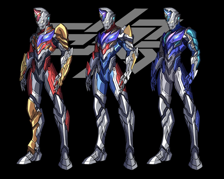 3boys 3ok absurdres alien alternate_universe armor armored_boots asymmetrical_armor blue_bodysuit bodysuit boots breastplate clenched_hand clenched_hands coat energy_ball fingerless_gloves flash_type_(ultraman) gauntlets giant gloves glowing glowing_eyes highres holding holding_sword holding_weapon jacket leg_armor male_focus miracle_type_(ultraman) multiple_boys no_humans open_clothes open_hand open_jacket pauldrons red_bodysuit shoulder_armor shoulder_pads single_fingerless_glove single_gauntlet single_pauldron skin_tight solo standing strong_type_(ultraman) sword tokusatsu ultra_series ultraman_(hero's_comics) ultraman_decker ultraman_decker_(series) ultraman_suit weapon white_gloves yellow_eyes