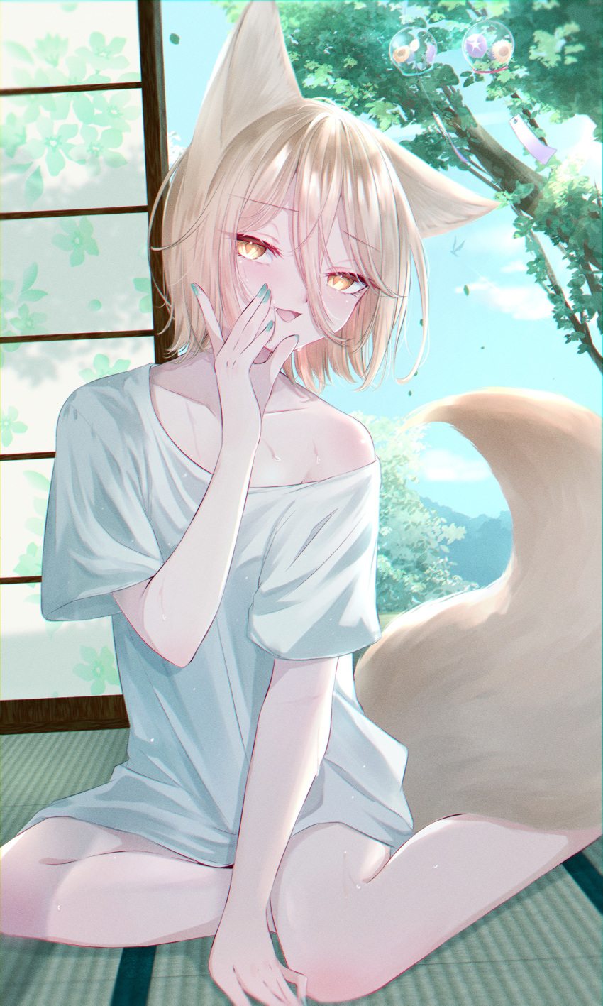 1girl absurdres alternate_costume animal_ears bare_legs bird blonde_hair blue_nails blue_sky cloud collarbone commentary_request day fang foot_out_of_frame fox_ears fox_girl fox_tail hair_between_eyes hand_to_own_mouth highres indoors kudamaki_tsukasa leaf_print looking_at_viewer mizore_arius nail_polish naked_shirt open_mouth shirt short_hair short_sleeves shouji single_bare_shoulder sitting sky sliding_doors solo t-shirt tail tatami touhou tree water_drop white_shirt wind_chime yellow_eyes yokozuwari