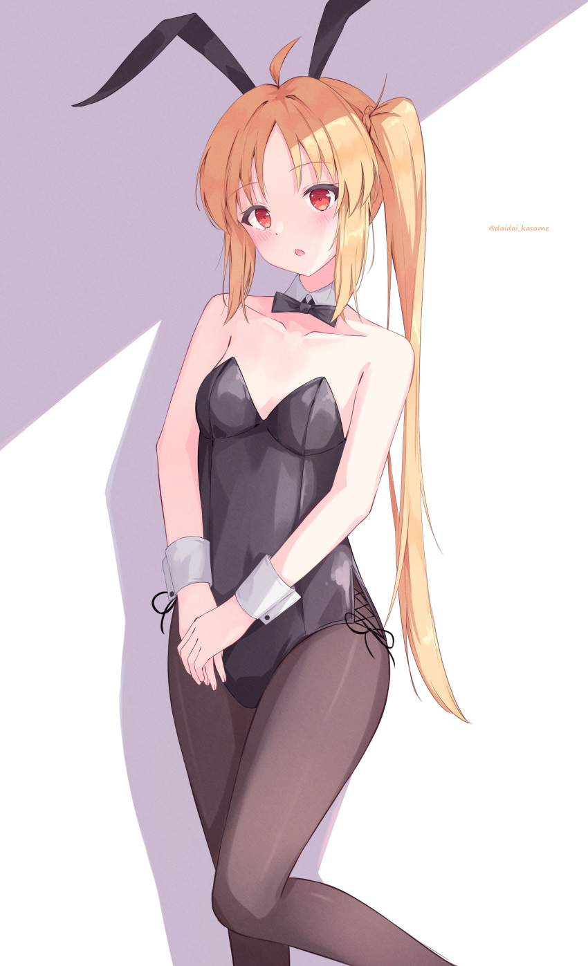 1girl absurdres animal_ears bare_shoulders black_leotard blonde_hair bocchi_the_rock! bow bowtie collarbone daidai_(daidai826) highres ijichi_nijika leotard long_hair looking_at_viewer open_mouth pantyhose playboy_bunny rabbit_ears red_eyes side_ponytail simple_background solo twitter_username very_long_hair white_background wrist_cuffs