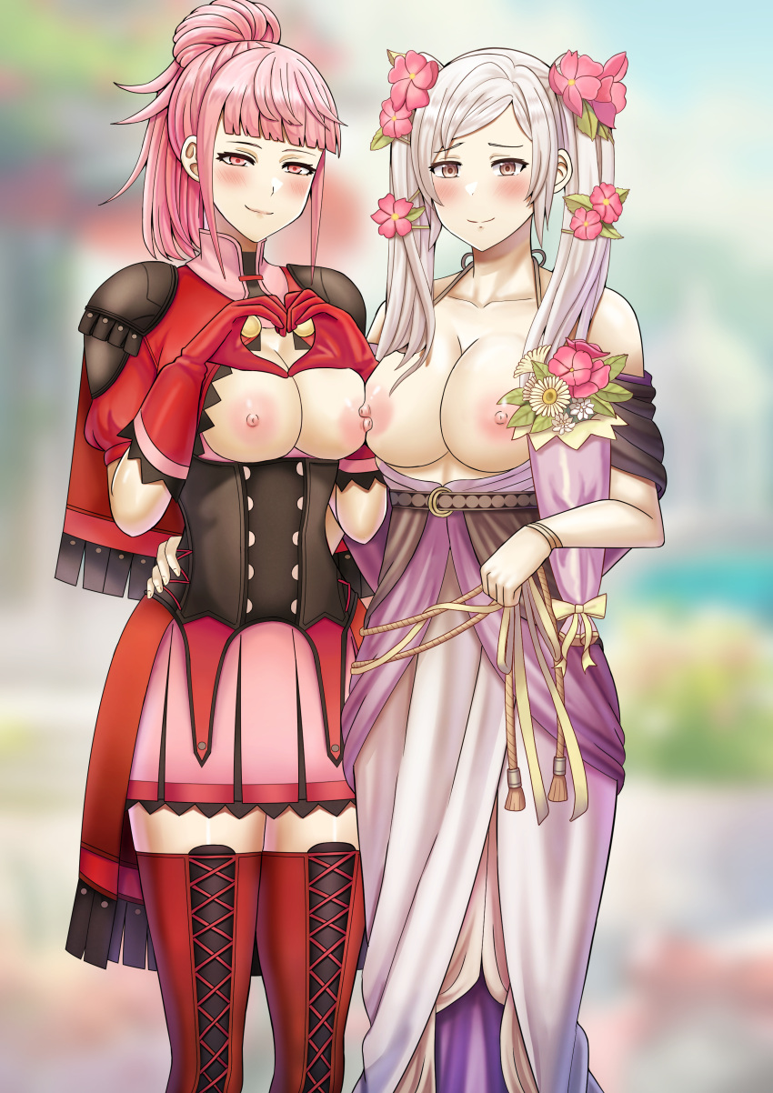 2girls absurdres blurry blurry_background blush bow breasts breasts_out collarbone dress fire_emblem fire_emblem:_three_houses fire_emblem_awakening fire_emblem_heroes fire_emblem_warriors:_three_hopes flower gloves hair_flower hair_ornament heart heart_hands highres hilda_valentine_goneril large_breasts long_dress long_hair multiple_girls naughty_face nipples official_alternate_costume official_alternate_hairstyle pink_eyes pink_hair ponytail red_gloves red_thighhighs ribbon robin_(female)_(fire_emblem) robin_(fire_emblem) saikunartworks smile strapless strapless_dress thighhighs twintails white_dress zettai_ryouiki