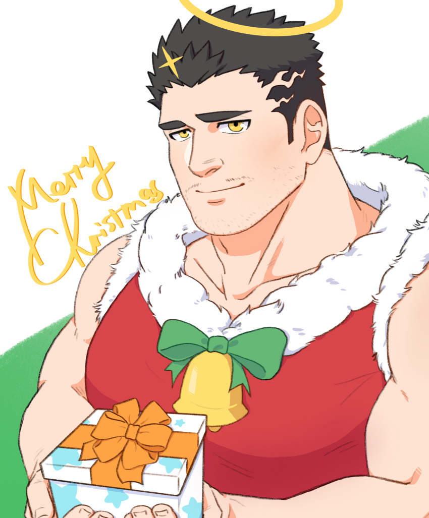 1boy absurdres alternate_costume bare_arms black_hair blush box facial_hair gift gift_box halo highres incoming_gift large_pectorals mature_male merry_christmas muscular muscular_male pectorals santa_costume short_hair spiked_hair stubble tokyo_afterschool_summoners upper_body yasuyo_(oaghoerg) yellow_eyes zabaniyya_(housamo)