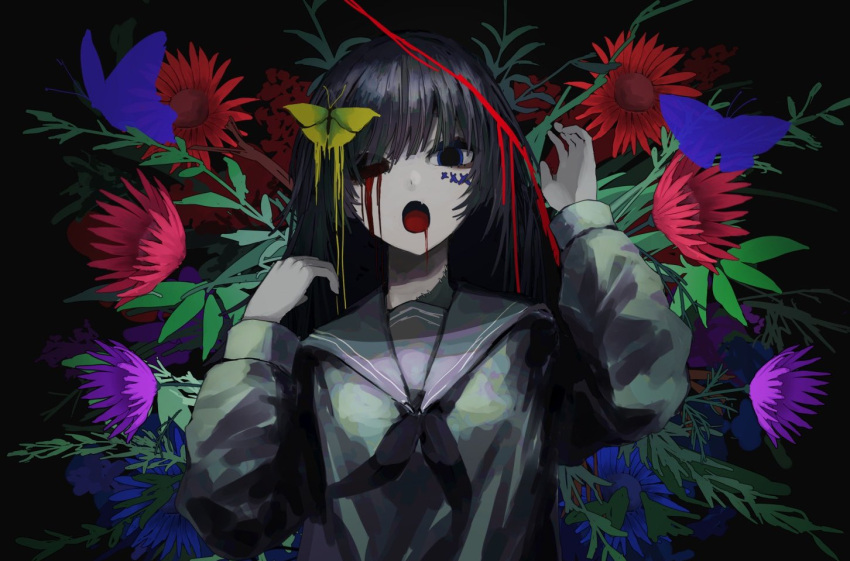 1girl bangs black_background black_hair black_neckerchief blood blood_from_eyes blood_from_mouth blue_butterfly blue_eyes blue_flower bug butterfly butterfly_on_head dilated_pupils flower grey_sailor_collar grey_serafuku grey_shirt hand_up horror_(theme) leaf leftside119 long_hair long_sleeves looking_at_viewer neckerchief open_mouth original purple_flower red_flower sailor_collar sailor_shirt school_uniform serafuku shirt solo standing upper_body yellow_butterfly