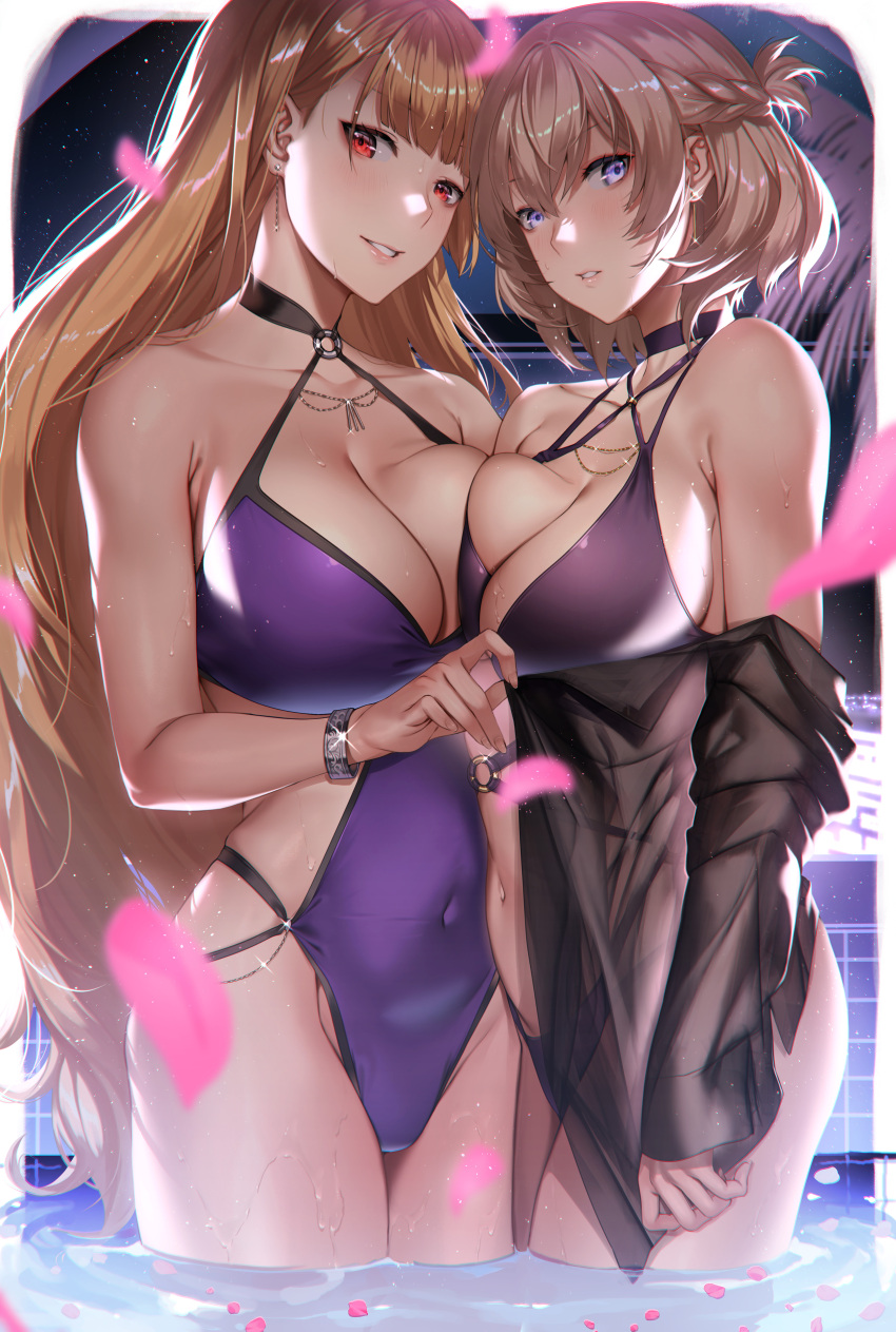 2girls absurdres bad_link bikini black_choker black_shirt blonde_hair borrowed_character bracelet braid breast_press breasts casual_one-piece_swimsuit choker cleavage clothes_pull collarbone covered_navel criss-cross_halter deras earrings folded_ponytail from_side half_updo halterneck highres jewelry large_breasts light_brown_hair long_hair multi-strapped_swimsuit multiple_girls navel night o-ring one-piece_swimsuit original palm_tree parted_lips petals petals_on_liquid pulled_by_another purple_bikini purple_choker purple_eyes purple_one-piece_swimsuit red_eyes shirt shirt_pull short_hair skindentation star_(sky) swimsuit tree very_long_hair wading water wet