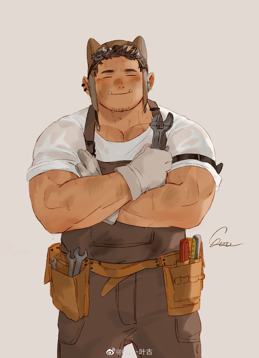 1boy absurdres animal_ear_headwear bara blush brown_hair brown_overalls crossed_arms dark-skinned_male dark_skin ear_piercing facial_hair facing_viewer feet_out_of_frame goatee goo_(koushishikou11) highres holding holding_wrench large_pectorals long_sideburns male_focus muscular muscular_male original overalls pectoral_cleavage pectorals piercing see-through see-through_shirt shirt short_hair sideburns smile solo straight-on stubble sweat thick_eyebrows tusks white_shirt wrench